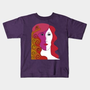 Woman's Face with Red, Pink and Orange Colored Hair Kids T-Shirt